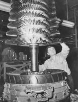 J57 aircraft engine being assembled at the Ford Aircraft Engine Division factory in Chicago